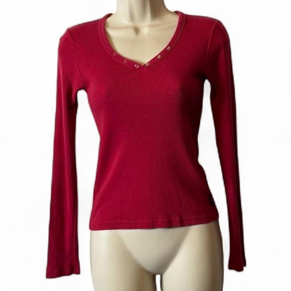 Vintage Y2K Abercrombie Red Long Sleeve V Neck Top, Women's Size XL